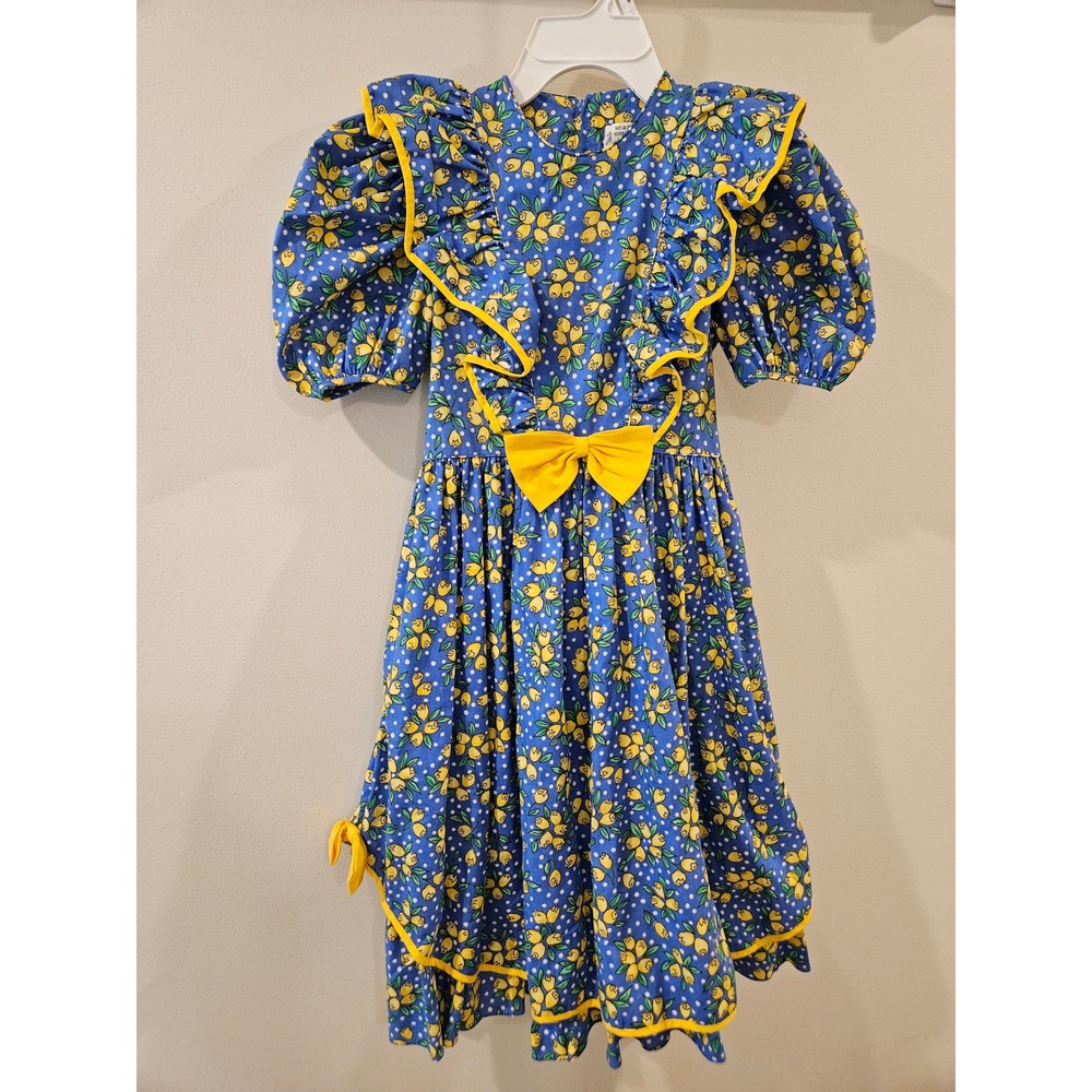 Jayne Copeland Vintage Girls Blue Yellow Floral Polka Dot Ruffle Dress Size 10